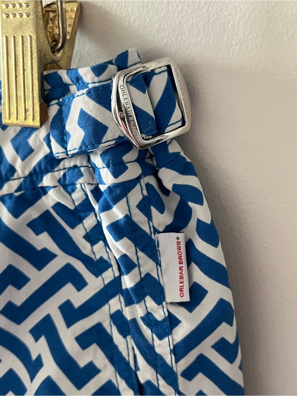 Orlebar Brown Bulldog Swim Shorts Blue White Geometric Print Size 34 - Picture 2 of 16